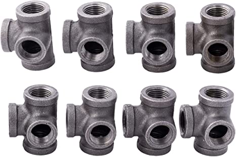 1/2 Inch Side Outlet Tee (4-Way) Industrial Cast Iron Pipe Fitting 8 Pack by Pipe Decor, Pipe Components For Building Tables, Chairs, Shelving, and Custom Furniture, Fits Half Inch Pipes, Eight Pack