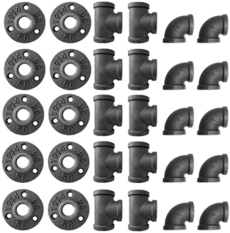 1/2 Inch Black Malleable Iron Cast Pipe Fitting Flange Tees Elbow, for DIY Decor or Industrial Vintage Style, 30-Pack.